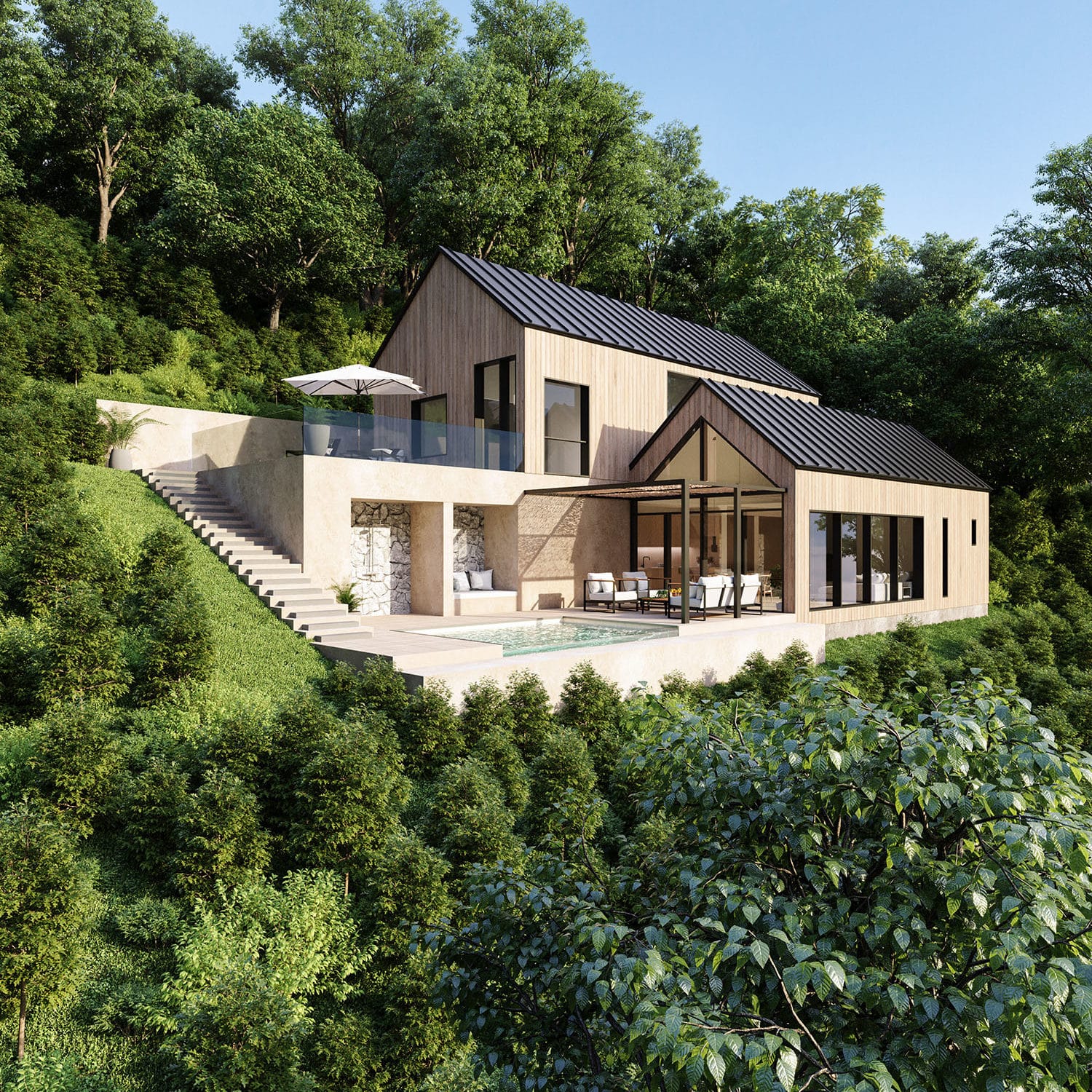 Erillistalon näyttävä 3d-visualisointi julkisivusta