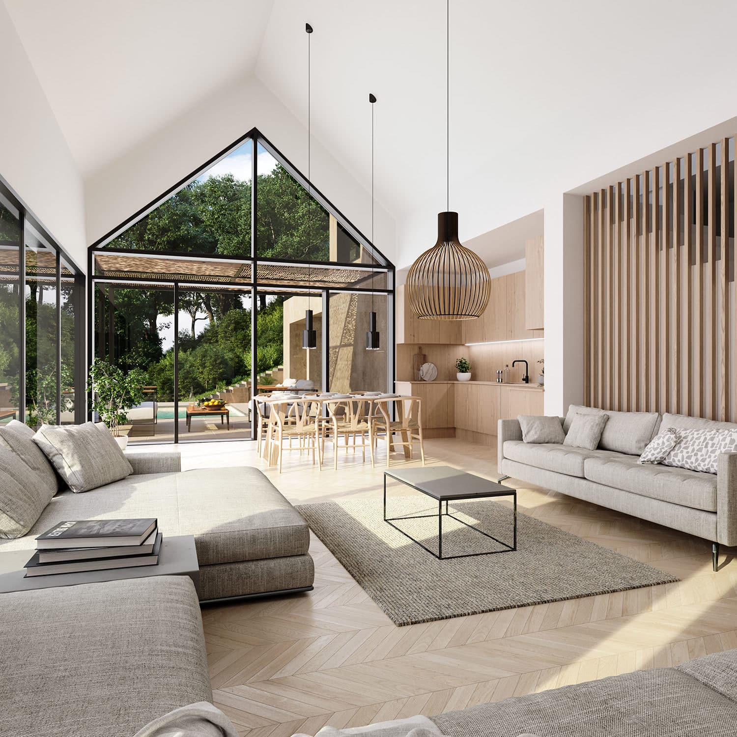 Erillistalon näyttävä 3d-visualisointi olohuoneesta